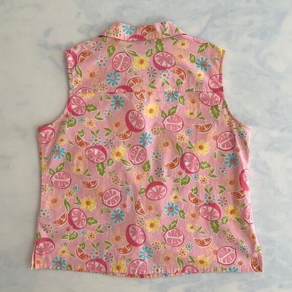 Dress Barn Pink Fruit & Floral Print Retro Preppy Sleeveless Blouse - Picture 2 of 5